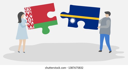 Couple holding two puzzles pieces with Belarusian and Nauruan flags. Belarus and Nauru national symbols together.