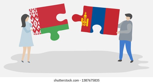 Couple holding two puzzles pieces with Belarusian and Mongolian flags. Belarus and Mongolia national symbols together.