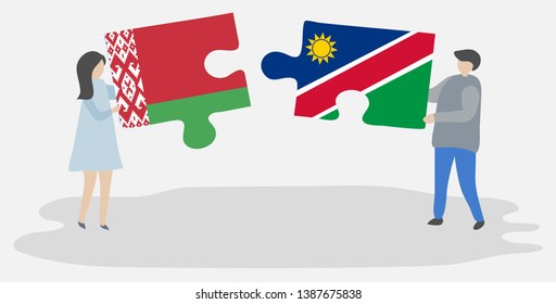 Couple holding two puzzles pieces with Belarusian and Namibian flags. Belarus and Namibia national symbols together.