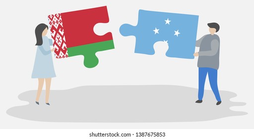 Couple holding two puzzles pieces with Belarusian and Micronesian flags. Belarus and Micronesia national symbols together.