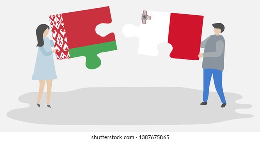 Couple holding two puzzles pieces with Belarusian and Maltese flags. Belarus and Malta national symbols together.