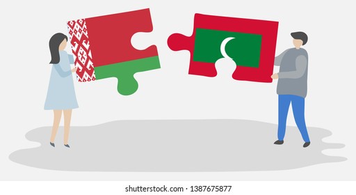 Couple holding two puzzles pieces with Belarusian and Maldivian flags. Belarus and Maldives national symbols together.