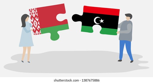 Couple holding two puzzles pieces with Belarusian and Libyan flags. Belarus and Libya national symbols together.