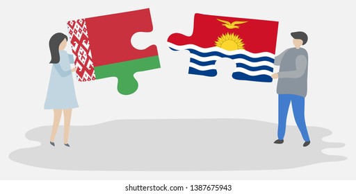 Couple holding two puzzles pieces with Belarusian and I-Kiribati flags. Belarus and Kiribati national symbols together.