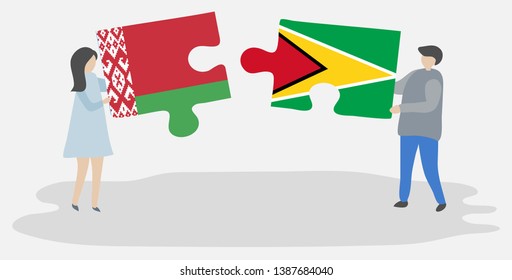 Couple holding two puzzles pieces with Belarusian and Guyanese flags. Belarus and Guyana national symbols together.