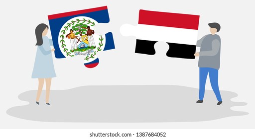 Couple holding two puzzles pieces with Belizean and Yemeni flags. Belize and Yemen national symbols together.