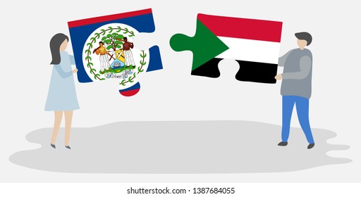 Couple holding two puzzles pieces with Belizean and Sudanese flags. Belize and Sudan national symbols together.