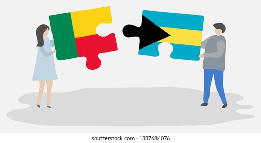 Couple holding two puzzles pieces with Beninese and Bahamian flags. Benin and Bahamas national symbols together.