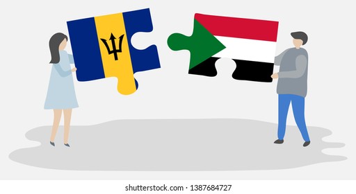 Couple holding two puzzles pieces with Barbadian and Sudanese flags. Barbados and Sudan national symbols together.
