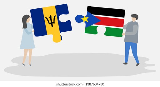Couple holding two puzzles pieces with Barbadian and South Sudanese flags. Barbados and South Sudan national symbols together.
