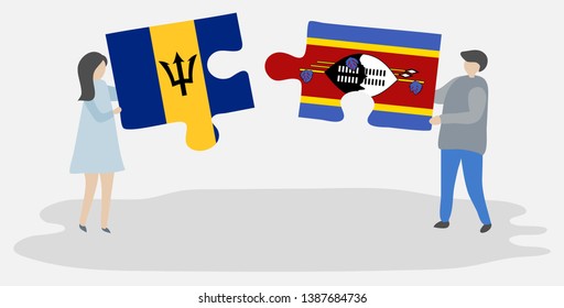 Couple holding two puzzles pieces with Barbadian and Swazi flags. Barbados and Swaziland national symbols together.
