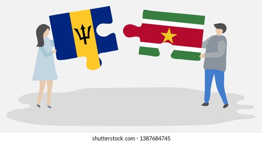 Couple holding two puzzles pieces with Barbadian and Surinamese flags. Barbados and Suriname national symbols together.