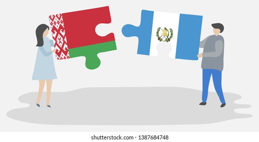 Couple holding two puzzles pieces with Belarusian and Guatemalan flags. Belarus and Guatemala national symbols together.