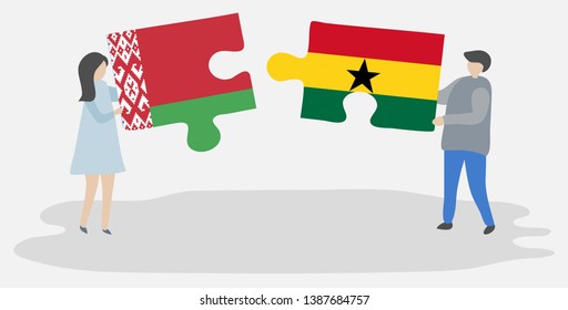 Couple holding two puzzles pieces with Belarusian and Ghanaian flags. Belarus and Ghana national symbols together.