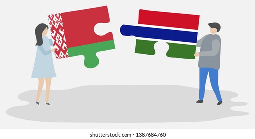 Couple holding two puzzles pieces with Belarusian and Gambian flags. Belarus and Gambia national symbols together.