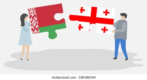 Couple holding two puzzles pieces with Belarusian and Georgian flags. Belarus and Georgia national symbols together.