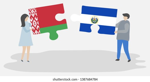 Couple holding two puzzles pieces with Belarusian and Salvadoran flags. Belarus and El Salvador national symbols together.