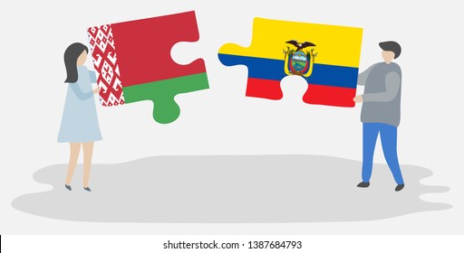 Couple holding two puzzles pieces with Belarusian and Ecuadorian flags. Belarus and Ecuador national symbols together.