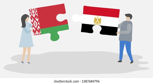 Couple holding two puzzles pieces with Belarusian and Egyptian flags. Belarus and Egypt national symbols together.