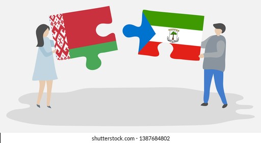 Couple holding two puzzles pieces with Belarusian and Equatorial Guinean flags. Belarus and Equatorial Guinea national symbols together.