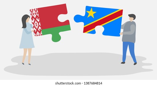 Couple holding two puzzles pieces with Belarusian and Congolese flags. Belarus and Democratic Republic of the Congo national symbols together.