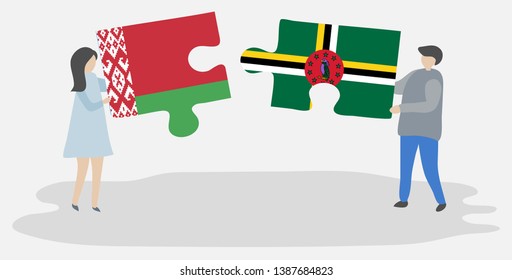Couple holding two puzzles pieces with Belarusian and Dominican flags. Belarus and Dominica national symbols together.