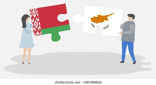 Couple holding two puzzles pieces with Belarusian and Cypriot flags. Belarus and Cyprus national symbols together.