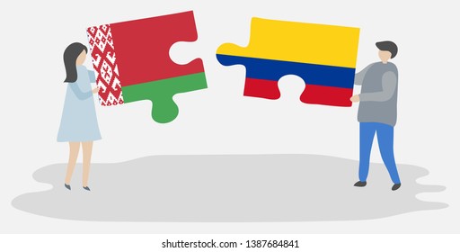 Couple holding two puzzles pieces with Belarusian and Colombian flags. Belarus and Colombia national symbols together.