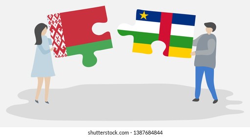 Couple holding two puzzles pieces with Belarusian and Central African flags. Belarus and Central African Republic national symbols together.