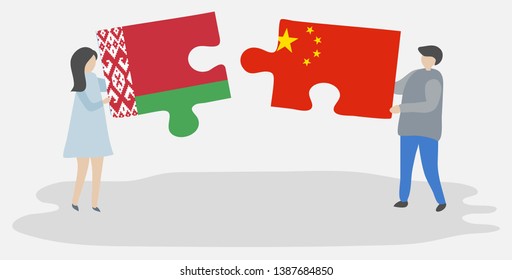 Couple holding two puzzles pieces with Belarusian and Chinese flags. Belarus and China national symbols together.