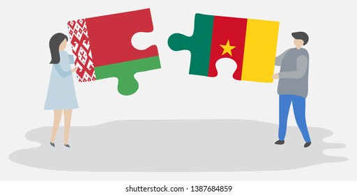 Couple holding two puzzles pieces with Belarusian and Cameroonian flags. Belarus and Cameroon national symbols together.