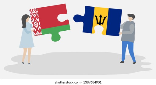 Couple holding two puzzles pieces with Belarusian and Barbadian flags. Belarus and Barbados national symbols together.