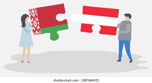 Couple holding two puzzles pieces with Belarusian and Austrian flags. Belarus and Austria national symbols together.