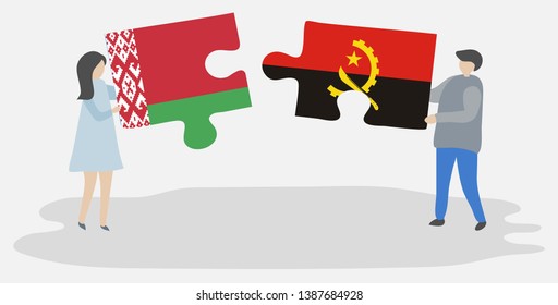 Couple holding two puzzles pieces with Belarusian and Angolan flags. Belarus and Angola national symbols together.