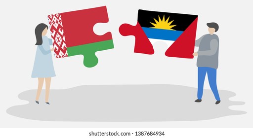 Couple holding two puzzles pieces with Belarusian and Antiguan flags. Belarus and Antigua and Barbuda national symbols together.