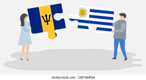 Couple holding two puzzles pieces with Barbadian and Uruguayan flags. Barbados and Uruguay national symbols together.