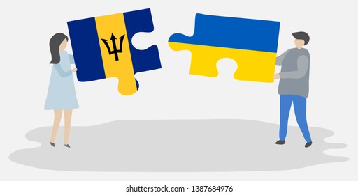 Couple holding two puzzles pieces with Barbadian and Ukrainian flags. Barbados and Ukraine national symbols together.