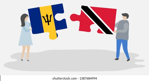 Couple holding two puzzles pieces with Barbadian and Trinidadian flags. Barbados and Trinidad and Tobago national symbols together.