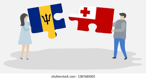 Couple holding two puzzles pieces with Barbadian and Tongan flags. Barbados and Tonga national symbols together.