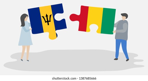 Couple holding two puzzles pieces with Barbadian and Guinean flags. Barbados and Guinea national symbols together.