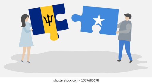 Couple holding two puzzles pieces with Barbadian and Somali flags. Barbados and Somalia national symbols together.