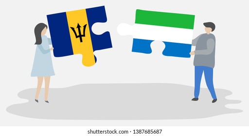 Couple holding two puzzles pieces with Barbadian and Sierra Leonean flags. Barbados and Sierra Leone national symbols together.