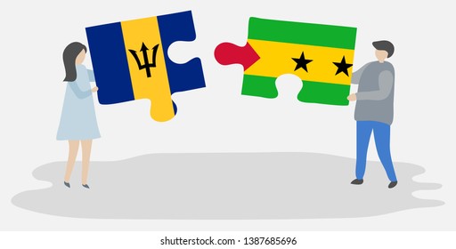 Couple holding two puzzles pieces with Barbadian and Sao Tomean flags. Barbados and Sao Tome and Principe national symbols together.