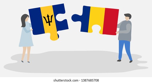 Couple holding two puzzles pieces with Barbadian and Romanian flags. Barbados and Romania national symbols together.