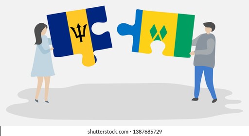 Couple holding two puzzles pieces with Barbadian and Vincentian flags. Barbados and Saint Vincent and the Grenadines national symbols together.