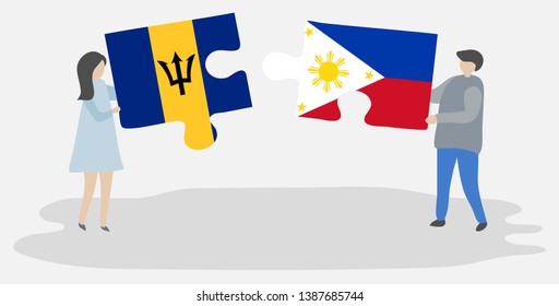 Couple holding two puzzles pieces with Barbadian and Filipino flags. Barbados and Philippines national symbols together.