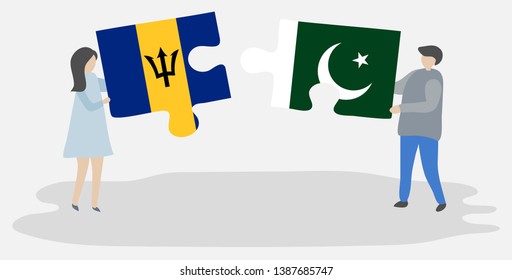 Couple holding two puzzles pieces with Barbadian and Pakistani flags. Barbados and Pakistan national symbols together.