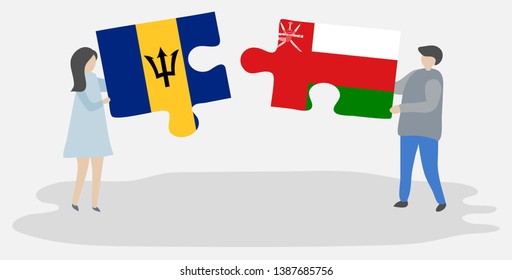 Couple holding two puzzles pieces with Barbadian and Omani flags. Barbados and Oman national symbols together.