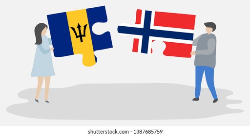 Couple holding two puzzles pieces with Barbadian and Norwegian flags. Barbados and Norway national symbols together.