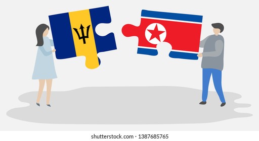 Couple holding two puzzles pieces with Barbadian and North Korean flags. Barbados and North Korea national symbols together.